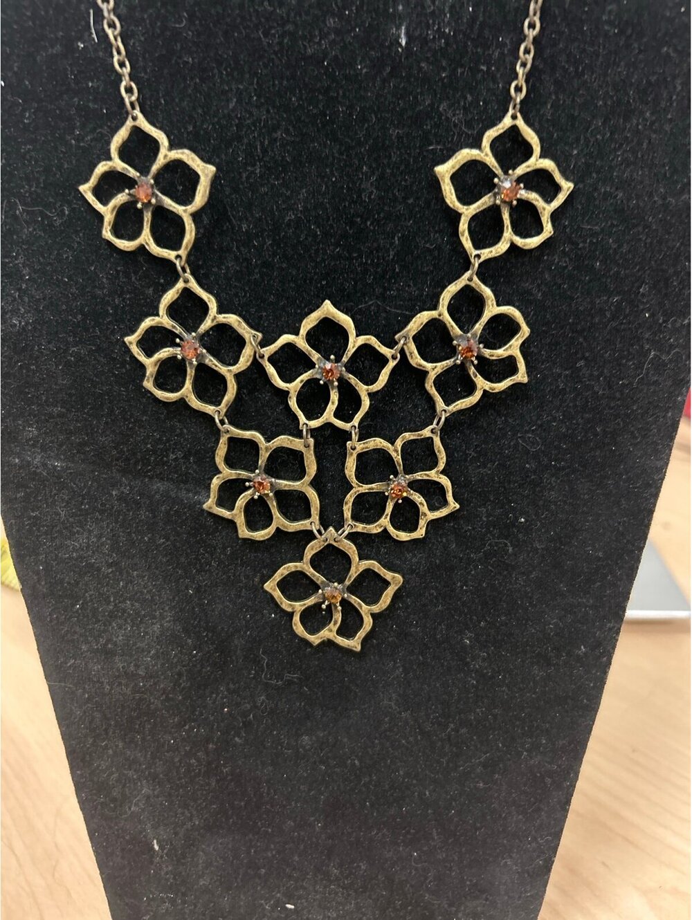 Unique Antique Themed Metal openwork Flower Bib Necklace
